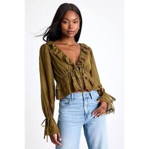 Lulus Avora Olive Green Crinkled Long Sleeve Tie-front Top - Size S